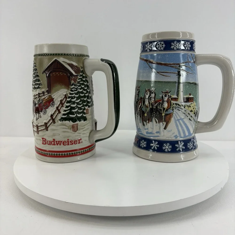 Budweiser Clydesdales Holiday Collectible Beer Stein Lot Of 2‎ Handcrafted